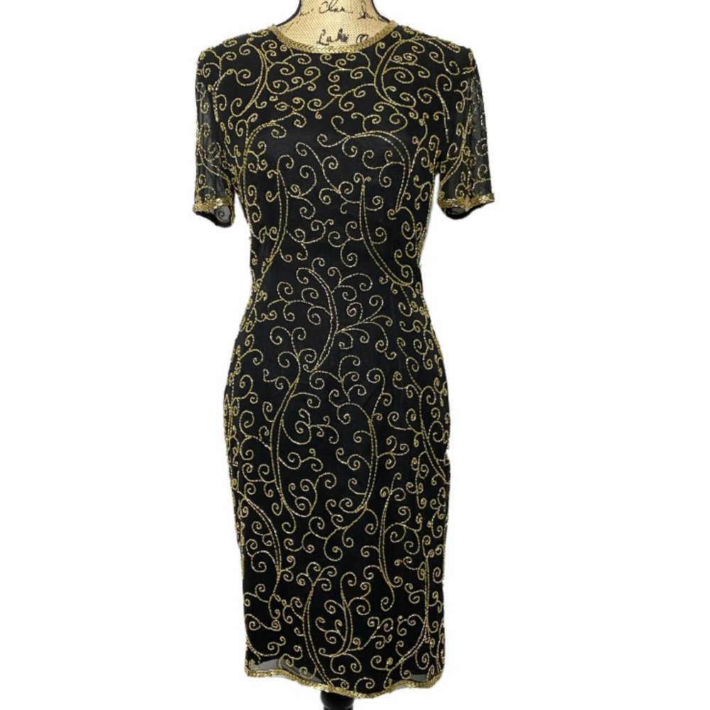 A.J. BARI Black Gold Bead Embellished VTG Dress
